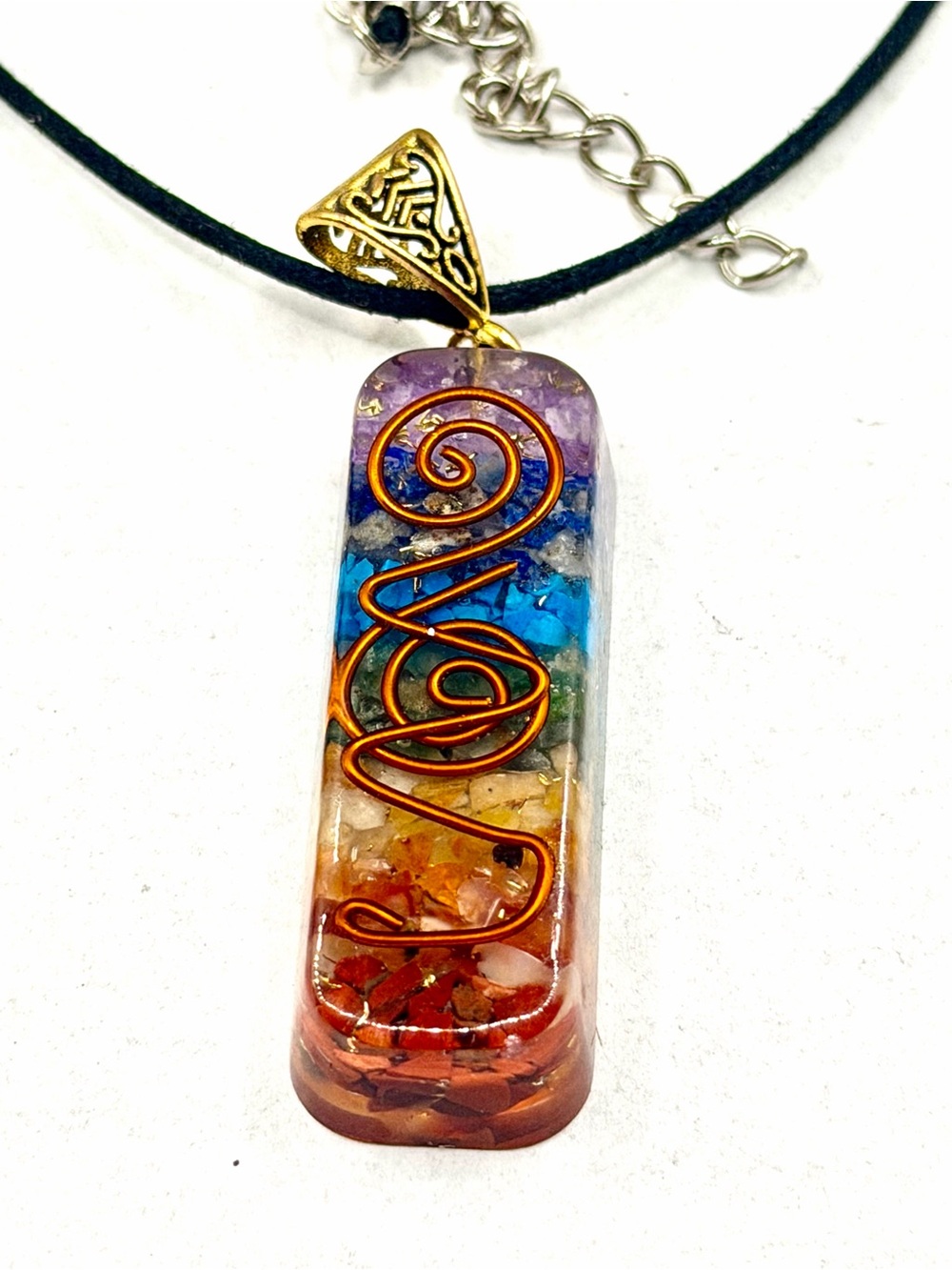 Multicolor Chakra Resin Pendant Necklace with Black Cord